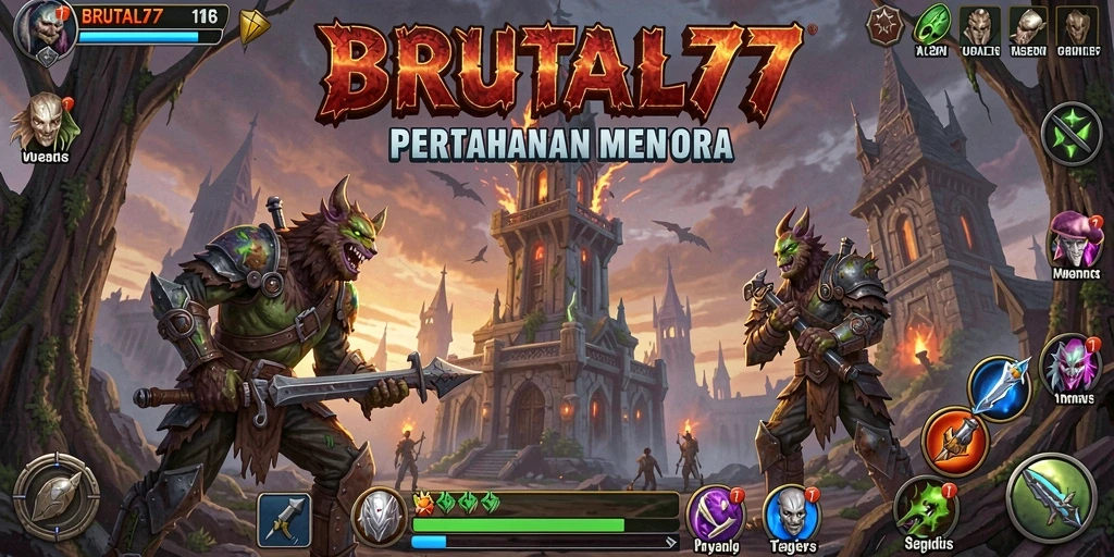 Tampilan gameplay seru BRUTAL77 dalam Tower Defense yang mendebarkan.