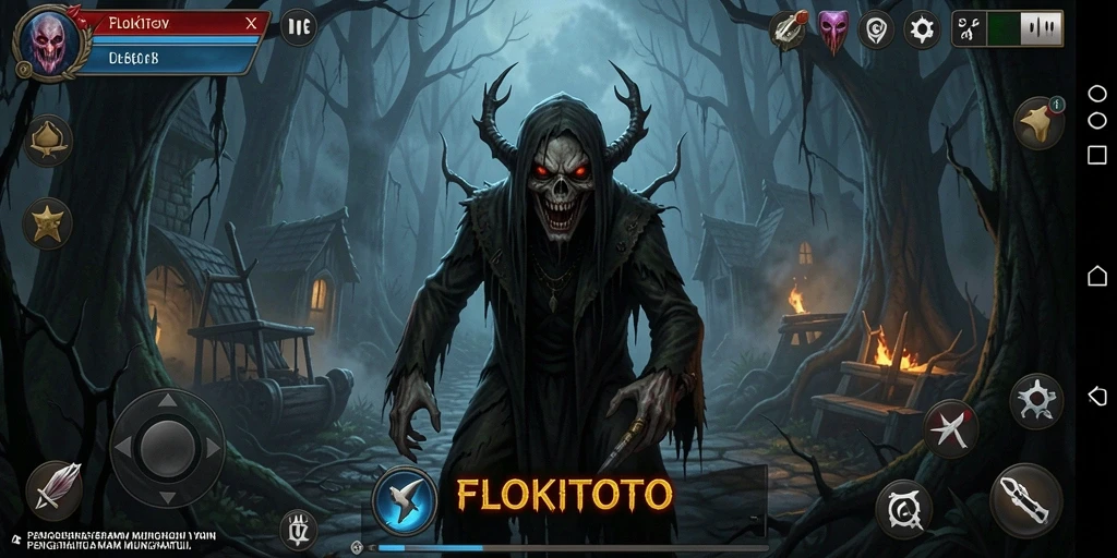 Tampilan menegangkan dari gameplay FLOKITOTO dengan suasana horor.