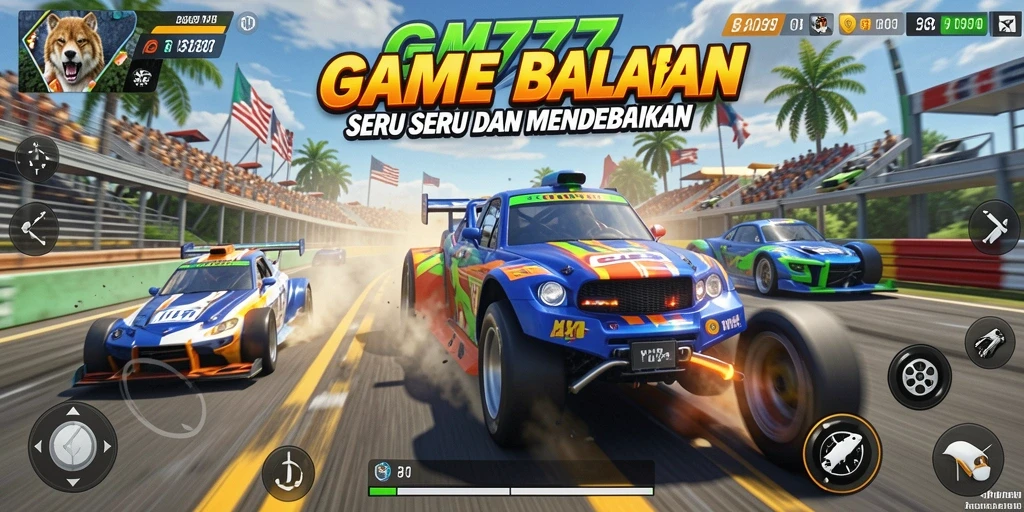 Tampilan gameplay GM777 dengan berbagai kendaraan balap di lintasan yang menegangkan.