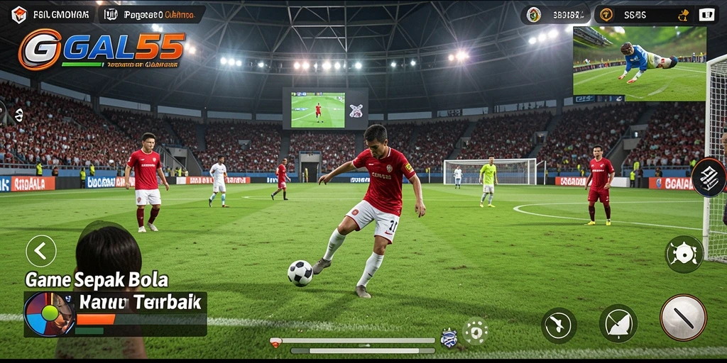 Screenshot gameplay GOAL55 menampilkan aksi seru sepak bola.