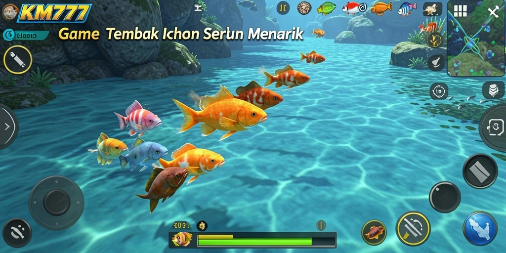 Tangkapan layar gameplay KM777 yang menampilkan serunya menembak ikan.