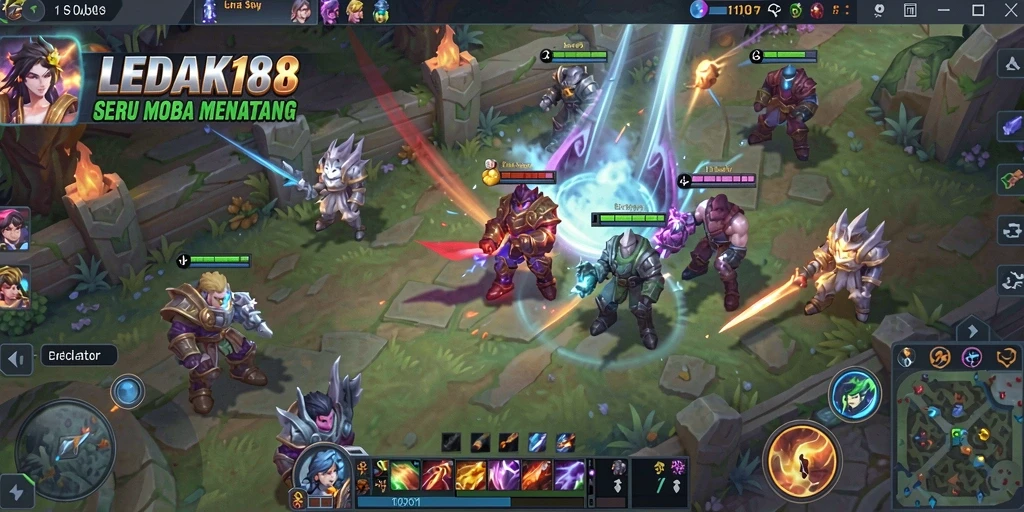 Screenshot menggambarkan aksi intens dalam gameplay MOBA LEDAK188.