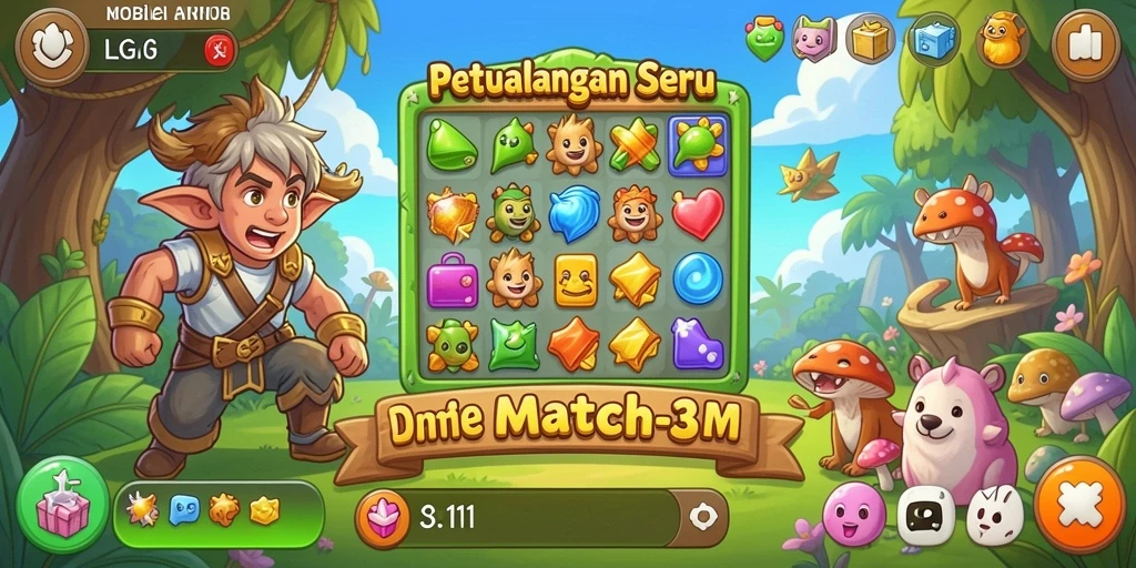Menampilkan keseruan gameplay match-3 dengan permata berwarna-warni.