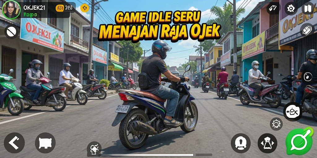 Tampilan gameplay OKJEK21 yang menarik dengan karakter ojek lucu.