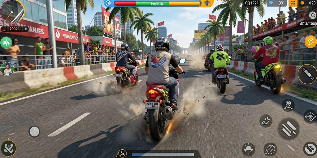 Screenshot gameplay balapan motor yang mendebarkan.