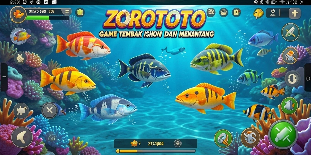 Tampilan gameplay ZOROTOTO dengan ikan-ikan berwarna-warni yang menantang.